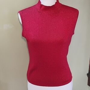 Coldwater Creek Sleeveless Top Silk Glittery Red Mock Turtleneck Women's Medium